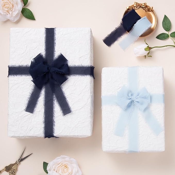 DORIS HOME Dark Navy Chiffon Ribbon for Flower Bouquet, 1" x21Yd Fabric Ribbon for Gift Wrapping, Handmade Frayed Ribbon for Wedding Invitations/Christmas Decorations