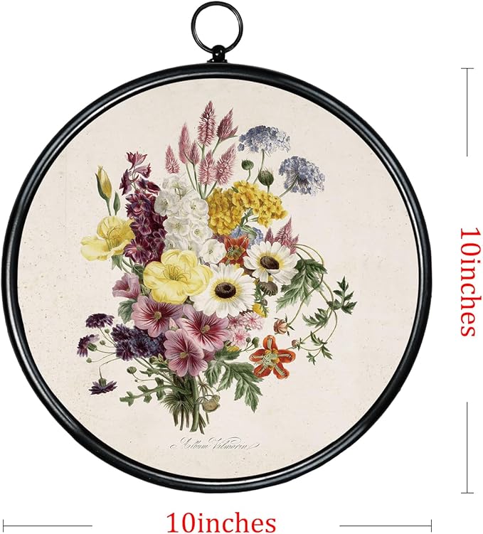 XIAOAIKA Round Vintage Wall Hanging Decor, Printed Textured Surface with Wood Back, Flower Bouquet Design, Black Metal Frame, Ready to Hang for Living Room Bedroom, 10 Inch