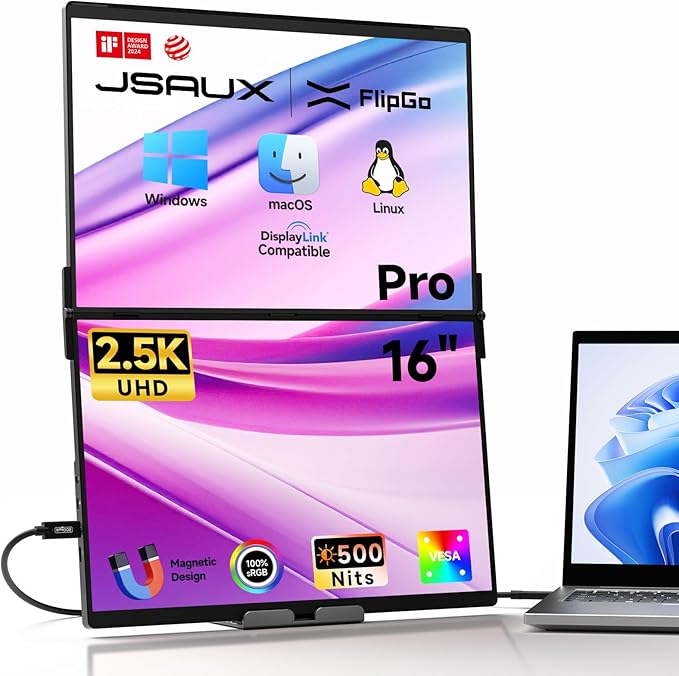 JSAUX FlipGo Pro 16" Dual Portable Monitors, 2.5K Triple Laptop Screen Extender, Portable IPS Dual-Screen Monitor for Laptop[for Windows/Linux/macOS] One Cable to Dual/Magnetic Design/DisplayLink