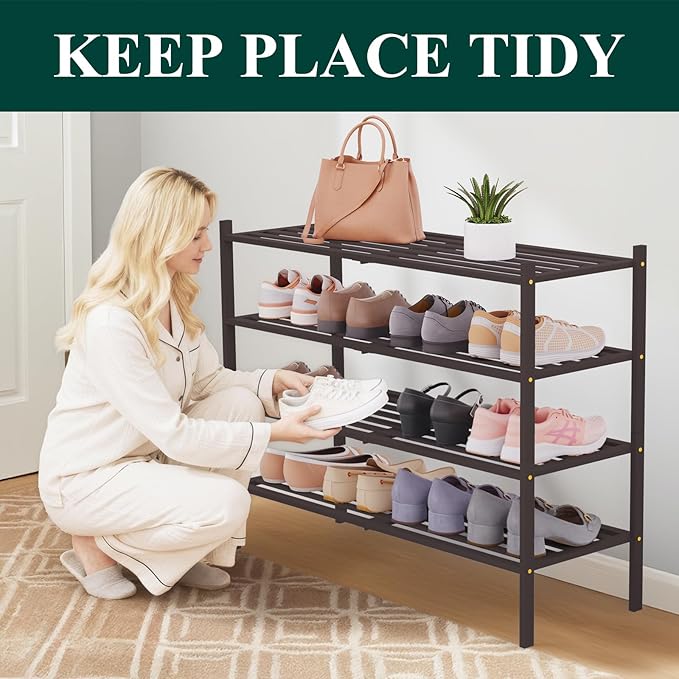 Smiry Long Bamboo Shoe Rack 4-Tier, Stackable Wooden Shoe Organizer for Entryway & Closet, Free Standing Wood Shoe Storage Shelf for Front Door & Small Spaces, Brown