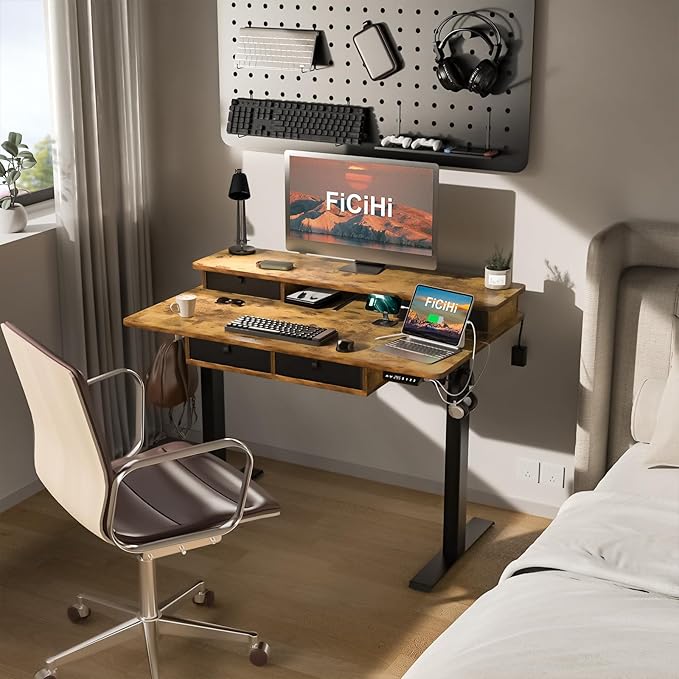 FiCiHi Adjustable Height Standing Desk with 4 Drawers,48 x 30 inches Electric Sit Stand Home Office Desk with Two Tiers, 3 Memory Presets, Monitor Stand Riser, USB A/C Charging Port