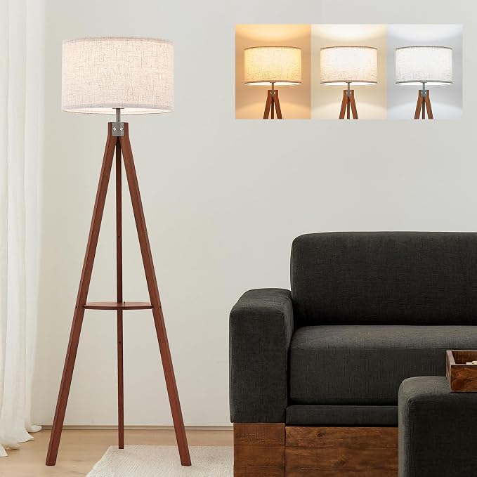 ELYONA Mid Century Floor Lamp with 3 Color Temperatures LED Bulb, Modern Wood Tripod Table Reading Standing Light, Wooden Shelf Floor Lamp for Farmhouse Living Room Bedroom Office Linen Shade Brown
