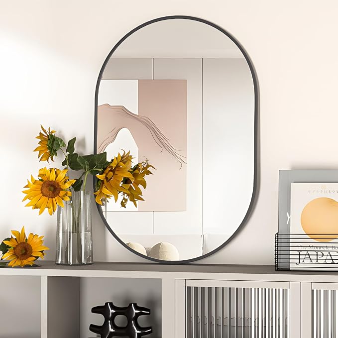 Oval Bathroom Mirror Wall Vanity Oval Mirrors, 20"x30" Black Bathroom Mirrors for Over Sink Pill Mirrors Capsule Wall Mounted Mirror, Modern Mirror with Metal Frame for Wall Decor