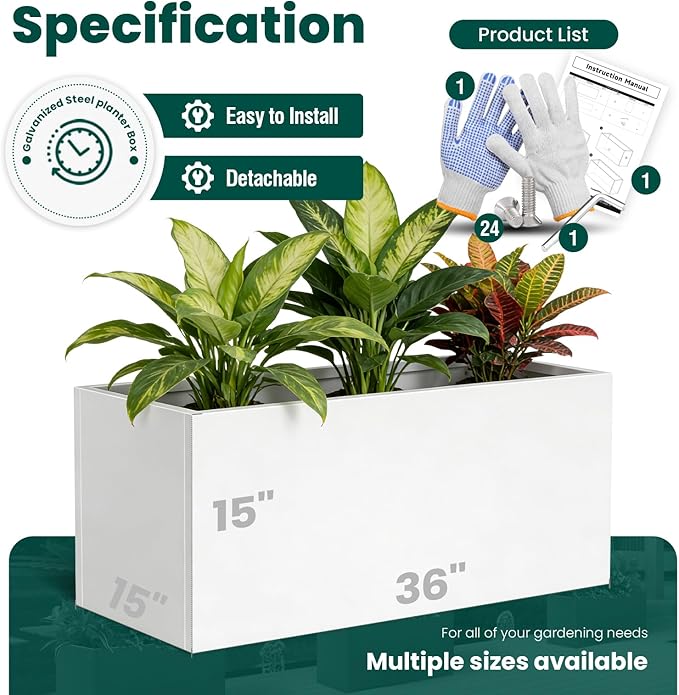 Metal Rectangular Planter Galvanized Steel Rectangle Planter White Planters Box 36" L x 15" W x 15" H Outdoor Indoor Large Heavy for Commercial Residential Plants Patio