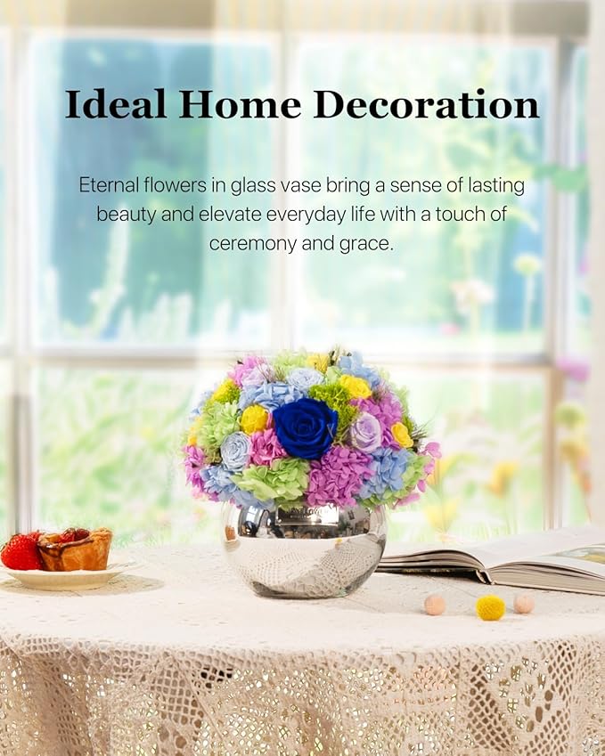 JoyFlower Preserved Flowers Vase Glass Decor, Eternal Flower Vases for Centerpiece, Forever Flower Decorations for Home Wedding Party Table Living Room Bedroom, Preserved Roses in Glass Vase(Colorful)