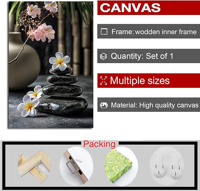 A harmonious black stone stack paired with white and pink flowers bamboo and ceramic vases creates a tranquil Zen decor for minimalist homes and mindful spaces 16x24in Wood Framed