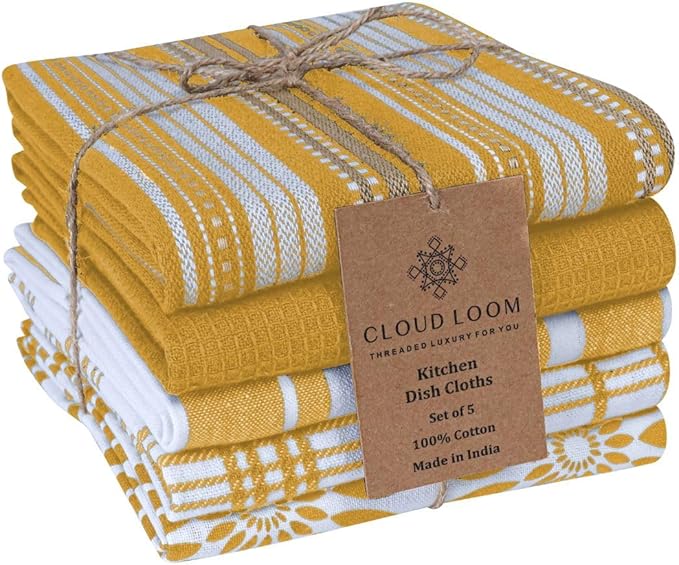 Assorted Kitchen Towels - Mustard Yellow Towels, Set of 5, 16x26 in - Absorbent 100% Cotton Dish Towels with Hanging Loop - Waffle Weave Tea Towels for Drying Dishes, Glassware & Counters