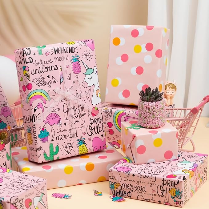 Burymento Pink Unicorn Wrapping Paper, Reversible Dot Design Gift Wrap for Birthday, Valentines, Mothers day, Graduation, Wedding, Fathers day, Baby Shower, Christmas (17 IN x 32.8 FT)