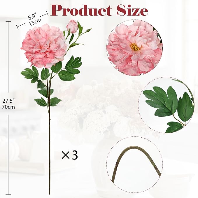 3Pcs Pink Peonies Artificial Flowers 27.5" Fake Flower Silk Flowers with Long Stem Floral Arrangements Bouquets Faux Peony Flowers for DIY Wedding Party Centerpieces Decor Home Office Decoration