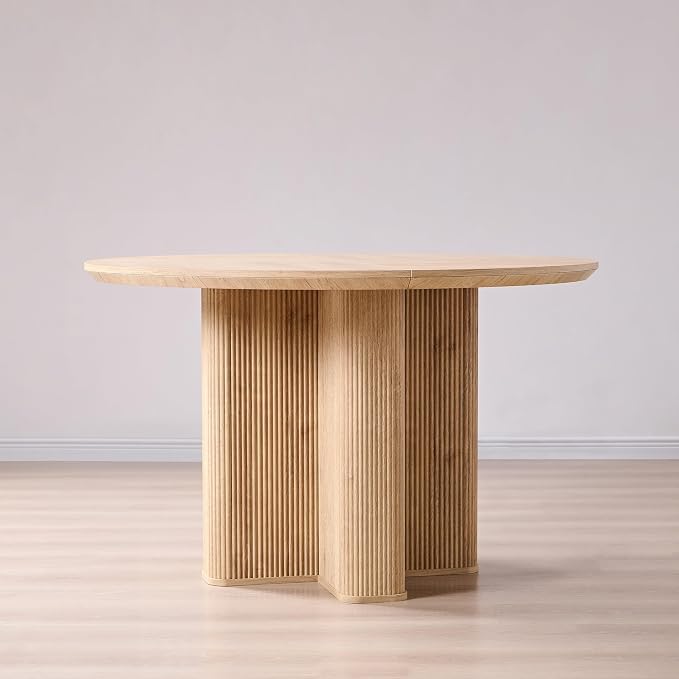 T4TREAM 47" Fluted Round Dining Table for Kitchen Living Room, Natural Oak | Mid Century Modern Kitchen Table,Seats 4-6,Thickened Edge and Sturdy Reeded Pedestal Base