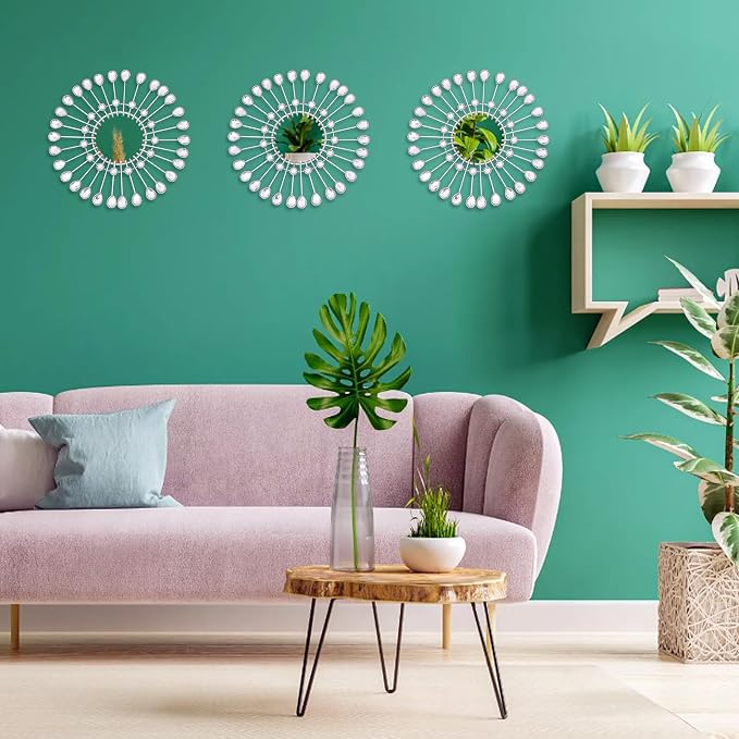 Silver Mirrors 3 PCE, 9 inchSunburst Mirror Hanging Wall Decor, Valentine Decorative Mirror Wall Art, Round Mirrors for Bedroom Living Room Bathroom Kitchen, Warming Valentine Gifts