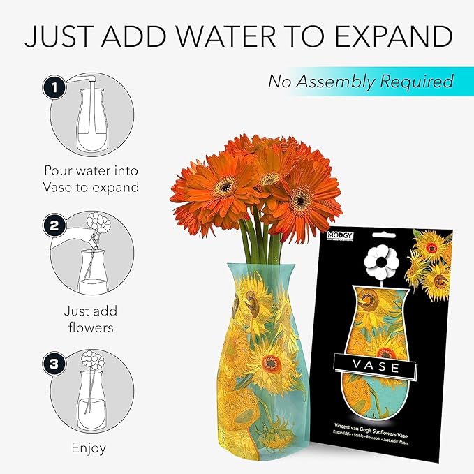 MODGY Collapsible and Expandable Plastic Flower Vase, Unbreakable, Foldable, Decorative Modern Centerpieces, Table Decorations, Van Gogh Sunflowers, 1 Pack