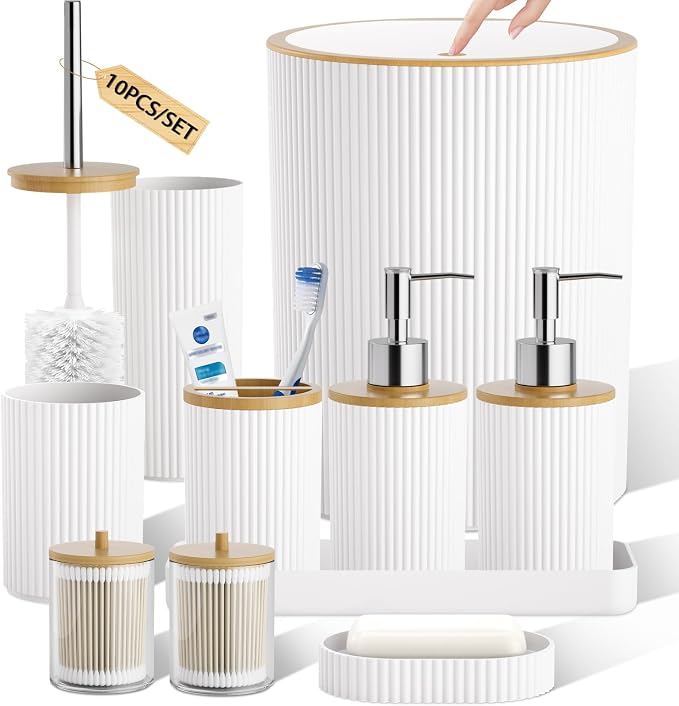 10PC Bathroom Accessories Set - White and Wooden Bathroom Sets, Bathroom Accessory Set with Pop Up Trash Can, Toilet Brush, Trash Can, Qtip Holder & Soap Dispenser