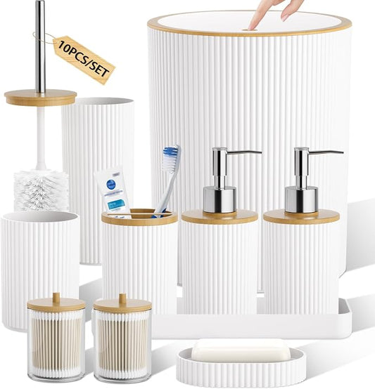 10PC Bathroom Accessories Set - White and Wooden Bathroom Sets, Bathroom Accessory Set with Pop Up Trash Can, Toilet Brush, Trash Can, Qtip Holder & Soap Dispenser