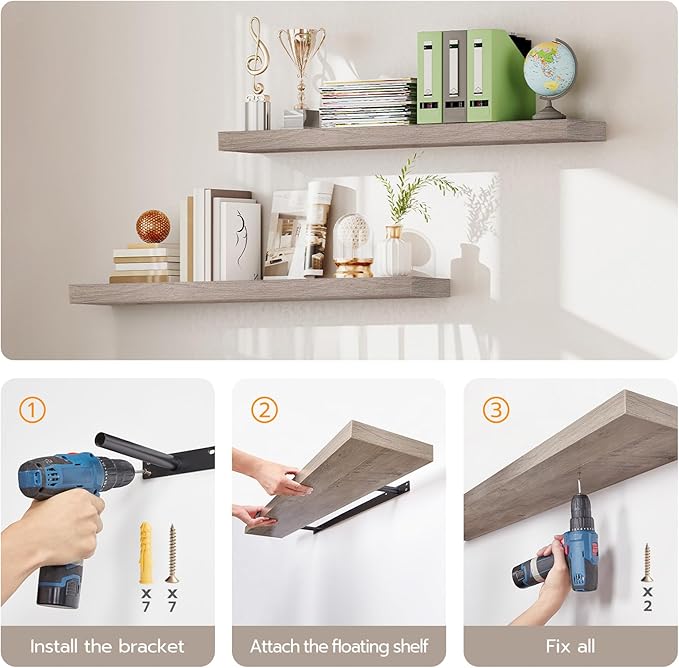 HOOBRO Floating Shelves for Wall, Wall Mounted Shelf Set of 2, 47.2" Hanging Shelf with Invisible Brackets, for Wall Decor Storage in Bathroom Bedroom Kitchen Living Room Office, Greige BG120BJP201