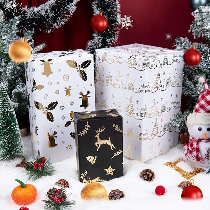 Linnoptimix Christmas Wrapping Paper Rolls -3 LARGE ROLL-27inch*78 inch per roll Colorful Foil Gold White Black Wrapping Paper (Christmas 2 White/Gold + 1 Black/Gold（004）)