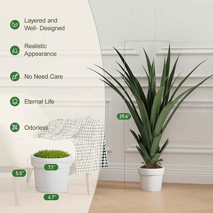 Set of 2 Artificial Agave Plants 39.4 Inch, Realistic Faux Spiked Agave Trees with Lifelike Leaves and Moss in White Pots, Indoor Outdoor Floor Plants for Home Office Patio Porch Decor(2pcs-3.2ft)