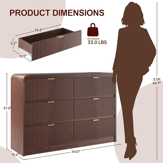 FURSUN Fluted 6 Drawers Dresser for Bedroom, 54" Wide Wooden Dresser with Metal Handle, Curved Profile Design, Modern Storage Organizer for Bedroom, Hallway (Walnut)