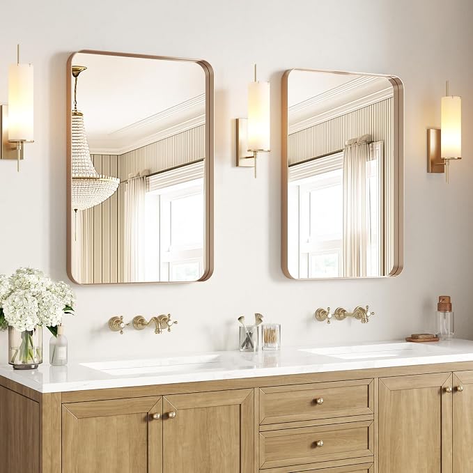 USHOWER Gold Bathroom Mirrors 24"x36" 2 Pack, Brushed Champagne Gold Rectangle Mirrors for Over Sink, Aluminum Frame, Anti-Rust, Tempered Glass, Horizontal or Vertical Mounted