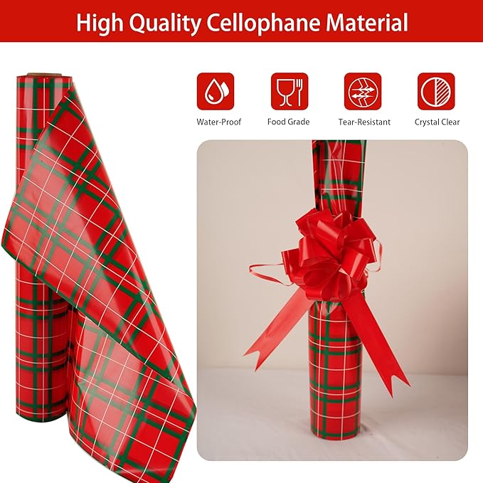 CMFYHM Christmas Cellophane Wrap Roll (34" x 100’Ft) 3 Mil Thicken Long Film Gift Wrappings for Baskets, Box,Wine, Christmas Decor(Red,Green,White)