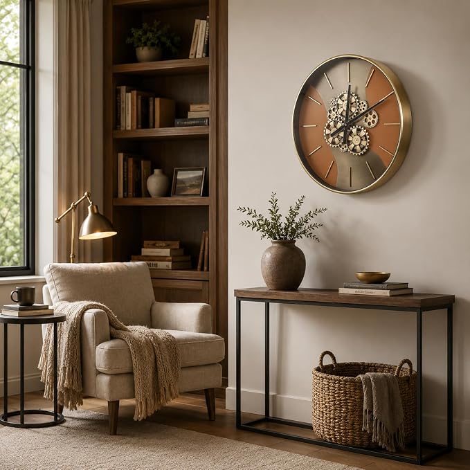 21.65 Inch Moving Gear Wall Clock, Battery Operated Steampunk Industrial Large Clock, Antique Bronze Metal Frame with 3D Scales, Unique Decorative Wall Clock for Living Room Farmhouse Office Decor