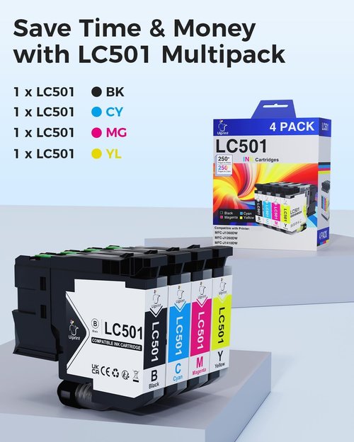 Brother LC501 Ink Cartridges - High Yield Replacement for MFC-J1360DW, MFC-J1410DW | Black, Cyan, Magenta, Yellow