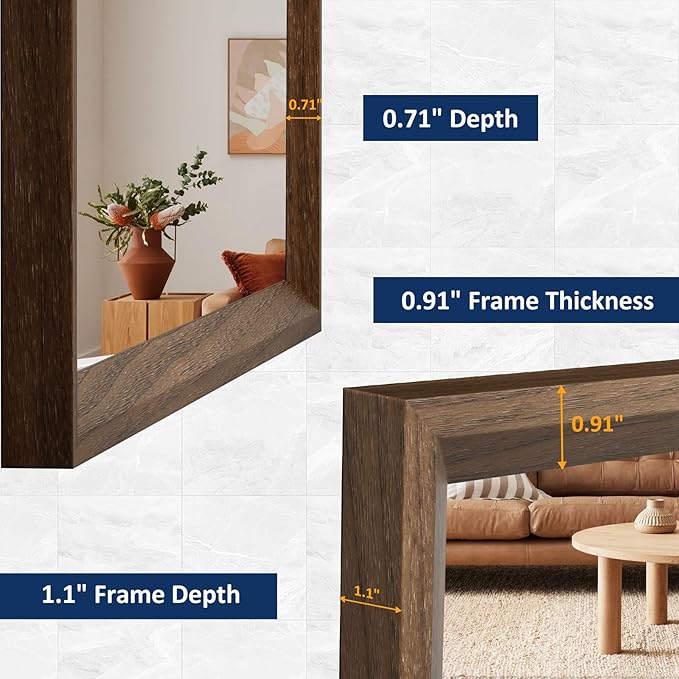 WEER Bathroom Mirror, 36x36 Inch Wall Mirror, Walnut Wood Grain Framed Mirror, Rectangle Vanity Mirror, Tempered Glass, Anti-Rust, Hangs Horizontally or Vertically