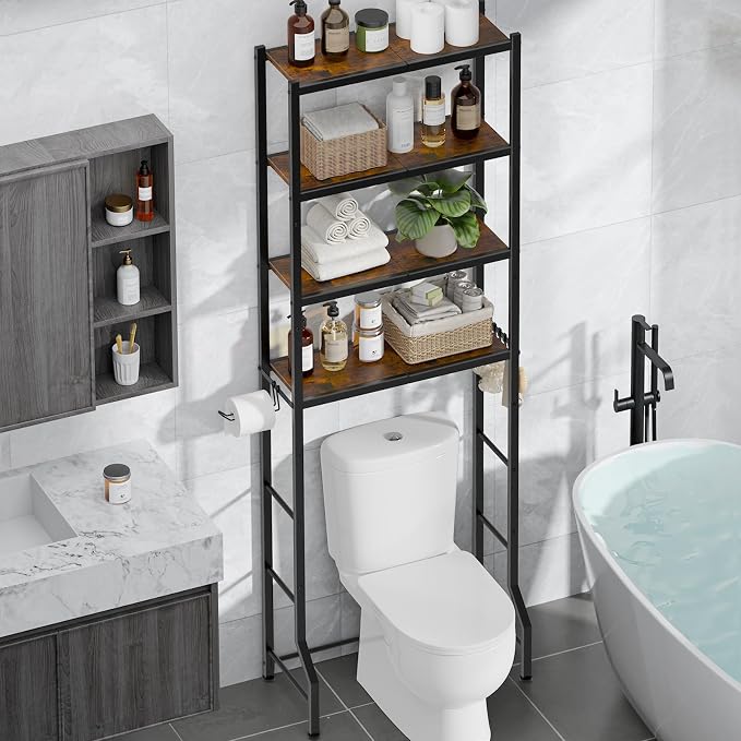 Kitsure Over The Toilet Storage Cabinet, Sturdy Bathroom Organizer, Easy Assembly, 4-Tier Shelf (72.6" H), Space Saving Storage for Small Bathroom, Heavy Duty Metal Frame, Brown & Black