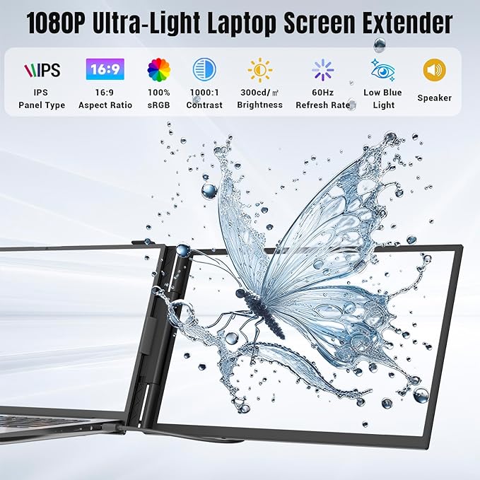 siaviala Laptop Screen Extender 0.17" Ultra-Thin, 14" 1080P FHD IPS Portable Monitor, Triple Screen Laptop Monitor Extender for 13"-17" Laptops, Plug & Play for Mac/Android/Chrome