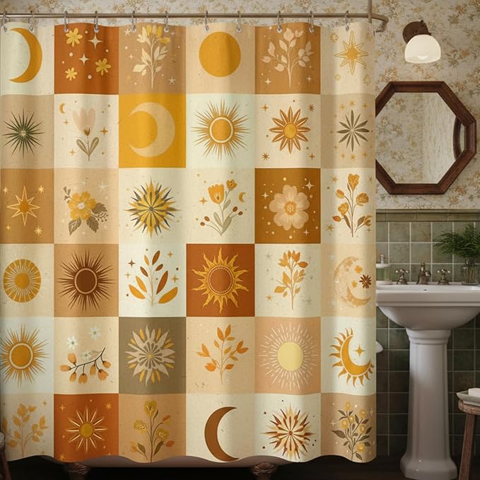 Boho Sun and Moon Shower Curtain, Mid-Century Modern Burnt Orange & Sage Grid Design, Abstract Floral Botanical Celestial Aesthetic Bathroom Decor, Waterproof Fabric, 72x72 Inch.
