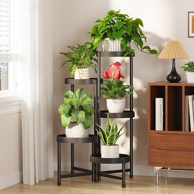 LASZOLA 5 Tiered Plant Stand Indoor Outdoor with Plastic Tray, Corner Folding Tall Flower Display Rack, Modern Plant Holder Shelf for Outdoor Patio Porch Garden Office Living Room, Black