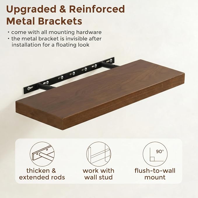 fuqing Wood Floating Shelves | 24 Inch Floating Shelves for Wall Set of 2 | 24" W x 6.7" D x 1.4" H Rustic Walnut Shelves for Bathroom Living Room Bedroom Kitchen
