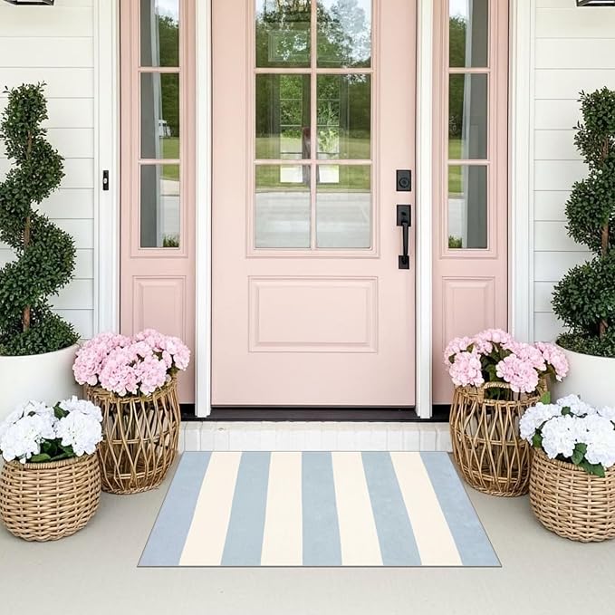 Front Door Mat Outside Entrance - 2x3 Sky Blue White Non-Slip Washable Doormat Indoor Outdoor Entrance Striped Rug Small Throw Rugs for Entryway Bedroom Kitchen Laundry Room Summer Porch Decor