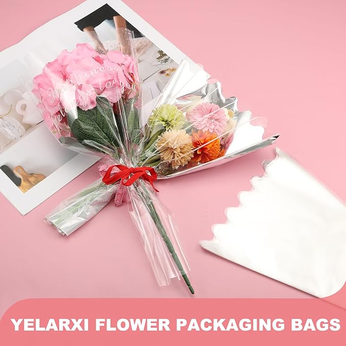 YELARXI Clear Flower Wrapping Bags, Transparent Flower Packaging Bag Waterproof Durable Bouquet Sleeves - Fitting for (Florists/Floral Arrangements Supplies), 13.8x3.9x19.7 Inch & 100Pcs