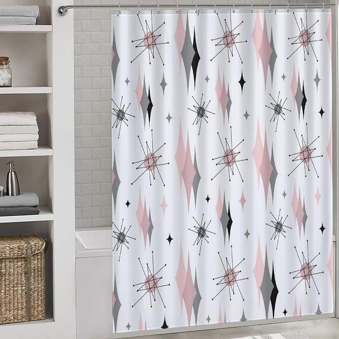 Mid Century Modern Shower Curtain, Pink Gray Geometric Atomic Abstract Pattern 1950s 1960s Retro Vintage Style Waterproof Fabric Bathroom Shower Curtain Set with Hooks, 72"x78" Inch
