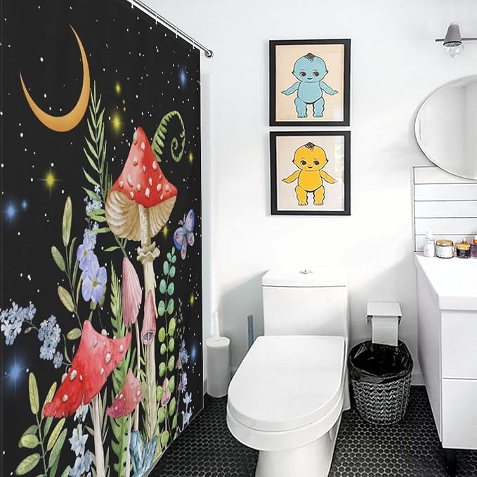 Mushroom Shower Curtain for Bathroom, Magic Gothic Fairy Forest Botanical Vintage Mushroom Wildflower Plants Herbs Farmhouse Country Waterproof Fabric Shower Curtain Set with Hooks, 72"x72" Inch