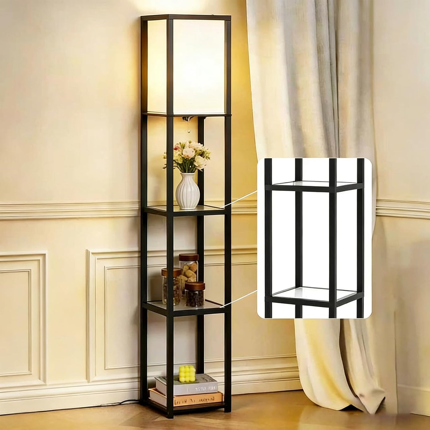 Skiennix Floor Lamp - Modern Square Design with Glass Shelves for Living Room, Bedroom & Office - Black