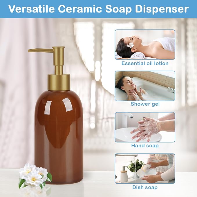 Natheeph 14OZ Ceramic Soap Dispenser Ceramic Soap Pump Dispenser Can Fill Liquid for Bathroom/Kitchen (Amber)