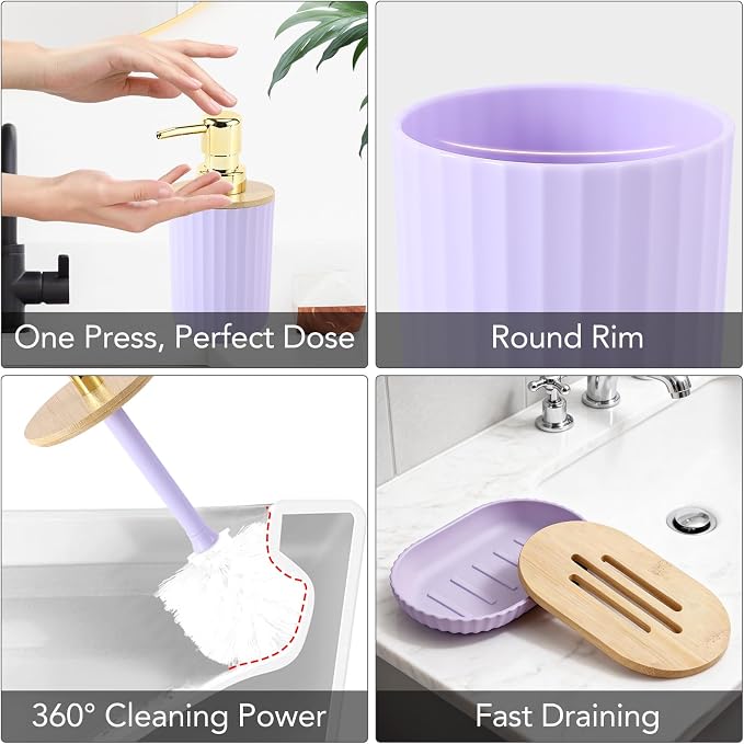 Bathroom Accessory Set, 10 Pieces Bath Set- Wicker Trash Can Tissue Box Soap Dish Toothbrush Holder Rinse Cup Lotion Bottle Toilet Brush Qtip Holder - Practical Bathroom Decor Sets (Purple, Bath Set)
