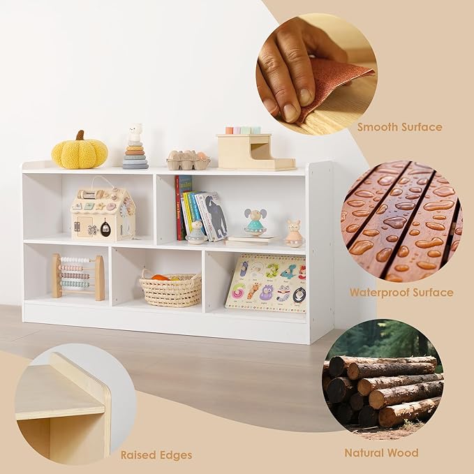 5-Section Wooden Toy Shelf for Kids, Montessori Shelf Storage with Open Shelving & Customizable Layout | Safe, Sturdy Design for Kids Room, Classroom & Playroom White