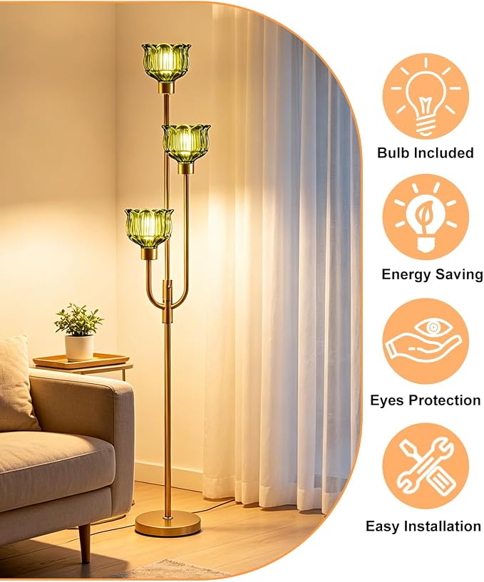 Lightdot 3-Lights Modern Glass Floor Lamp 66IN Gold Dimmable Floor Lamps with 3000K Warm White Bulbs for Wedding Party Tall Standing Lamp with Green Glass Shade for Living Room/Bedroom/Home Decor