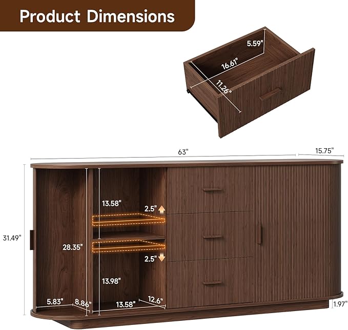 ONBRILL 63" Fluted Sideboard Buffet Cabinet with 3 Drawers & 2 Doors, Mid-Century Modern Buffet Sideboard Cabinet with Storage, Coffee Bar Table with Adjustable Shelf for Kitchen, Living Room, Walnut