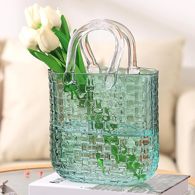 Glass Purse Vase for Flowers, Green Purse Flower Vase, Wide Mouth Glass Bag Vases, 10 Inch Large Handbag Shaped Vases for Home, Office Decor
