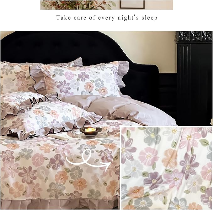 HighBuy Chic Floral Ruffle Duvet Cover Full Size,Boho Vintage Brushed Cotton Floral Bedding with Ruffle,Durable Bedding,Farmhouse Comforter Cover Sets 1 Duvet Cover and 2 Pillowcases