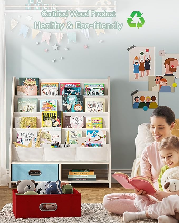 SEIRIONE Sturdy Kids Bookshelf, Tear-Proof Cotton Sling, Eco-Safe Toddler Bookshelf with 2 Cube Bins for Books & Toys, Beige/Wood Texture