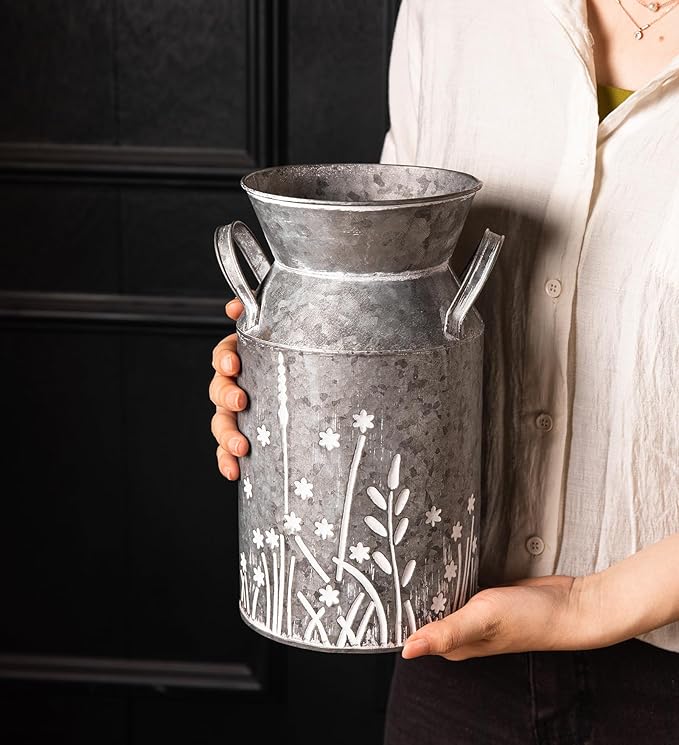 Vintage Galvanized Metal Milk Can, Farmhouse Rustic Flower Pitcher Vase, Decorative Floral Milk Jug Vase for Home Décor, 10.8’’H