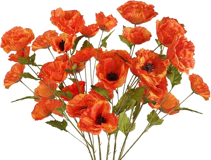 30 Heads 6 PCS Orange Poppy Flowers Artificial Flowers Silk Flowers 32 in Poppy Flowers for Wedding Home Party Table Centerpiece Arrangement Decoration (Orange)