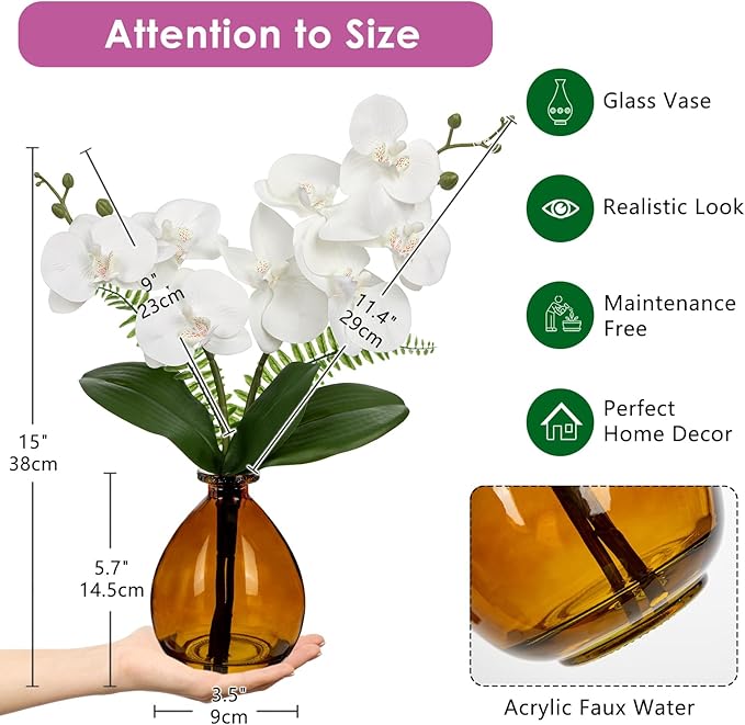 Oairse White Orchids Artificial Flowers, Faux Orchid in Glass Vase Real Touch Small Phalaenopsis Orchid Flowers Arrangements with Amber Vase Orchids Centerpiece for Dining Room Table