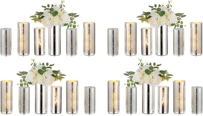 Glass Cylinder Vases Set of 24, Hewory Glittery Silver Vase for Centerpieces, Glass Hurricane Candle Holders for Pillar Floating Candle, Tall Round Vase for Wedding Anniversary Events Home Table Decor