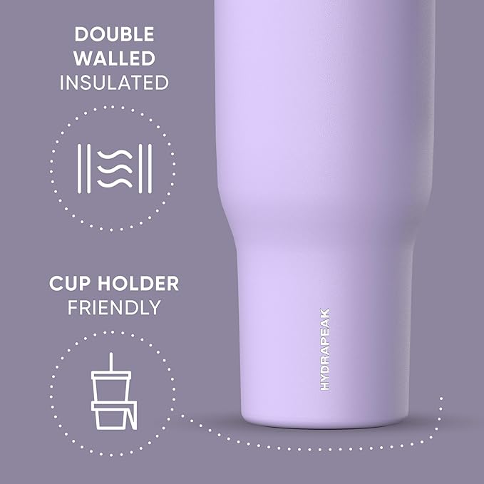 Hydrapeak Voyager 40 Oz Stainless Steel Tumbler with Handle, Insulated Water Bottle With Straw & Lid, Cupholder Friendly Reusable Travel Mug (Lavender)